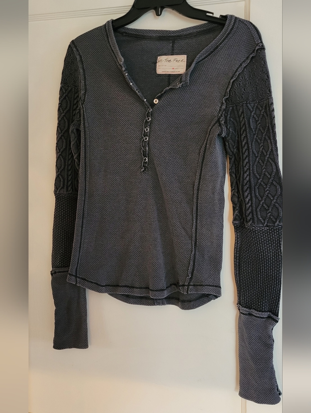 Free People Cable Knit Long Sleeve Henley Top in Charcoal Gray